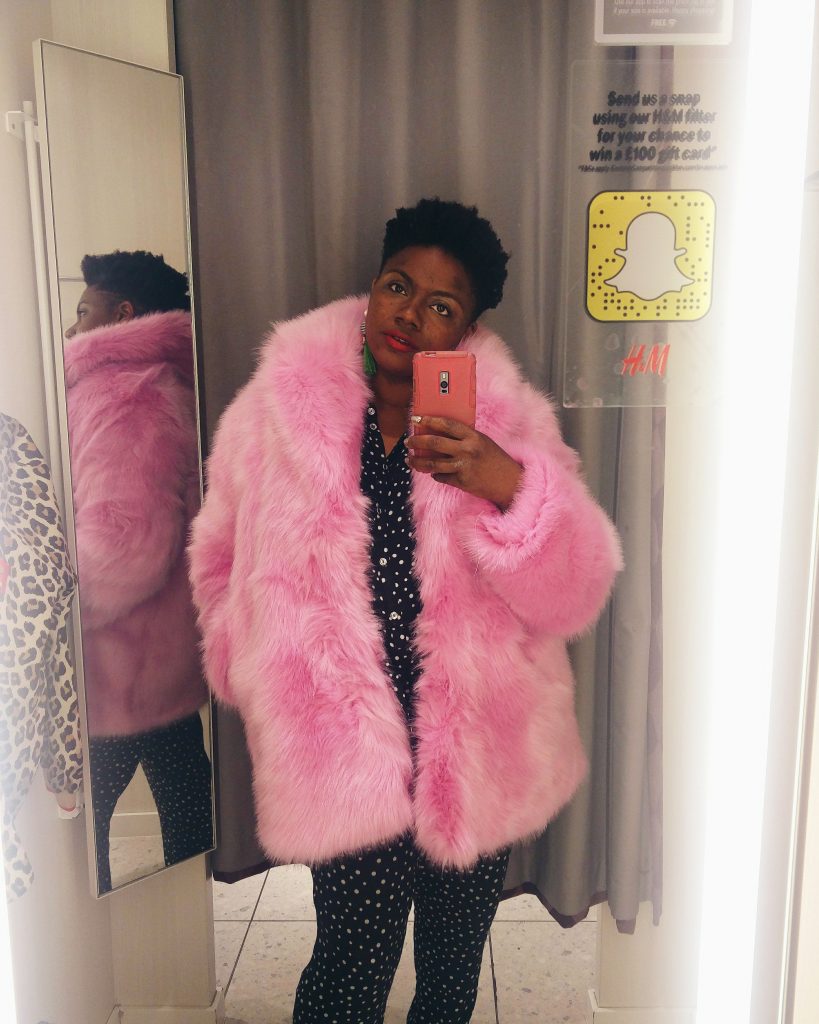 MAMA WANTS A SUPERFLY FAUX FUR COAT H&M pink faux fur coat